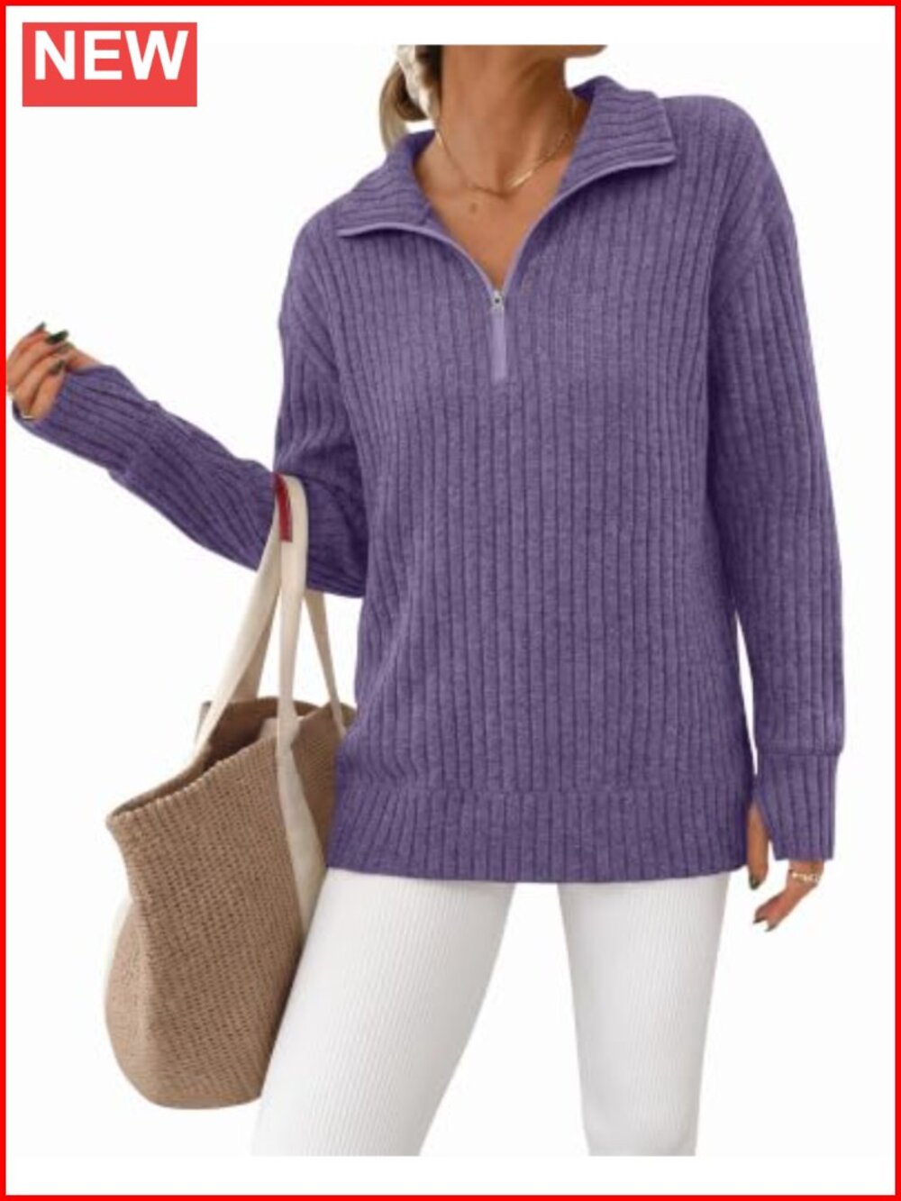 Womens Quarter Zip Pullover Sweater Long Sleeve Ribbed Thumbholes